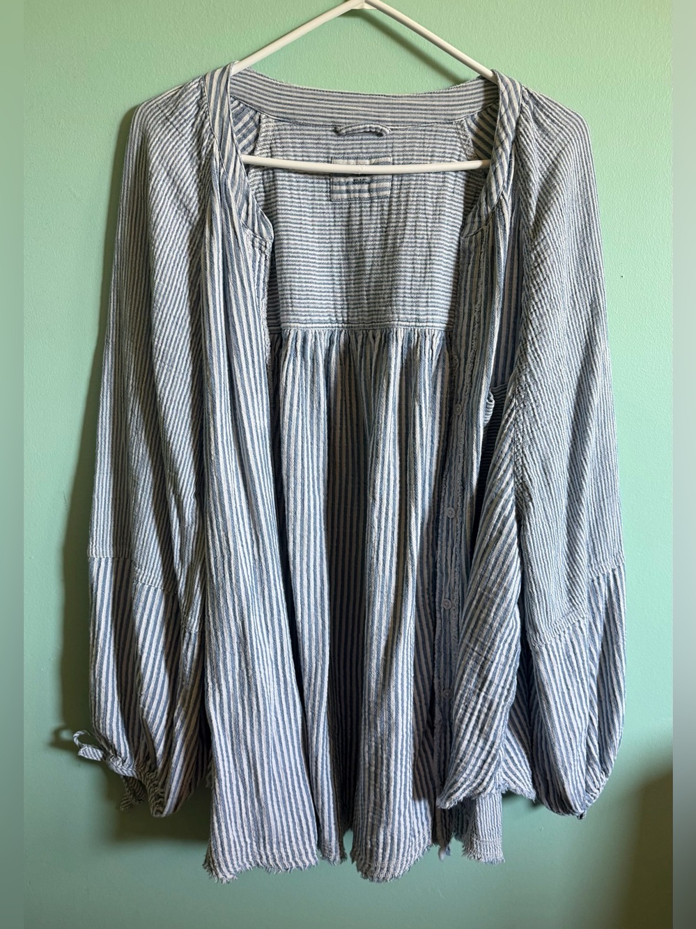 aerie Blue & White Striped Button-Down Peasant Blouse